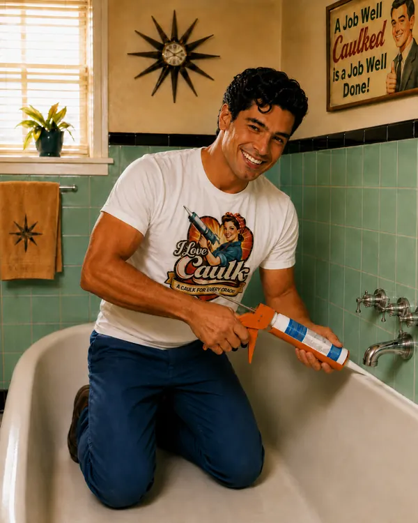 Flavio kneeling by a bathtub running a bead of caulk