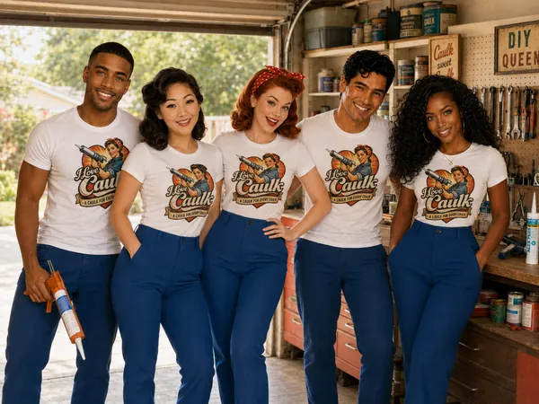 The five members of the Caulk Crew standing together in a garage workshop in matching I Love Caulk shirts