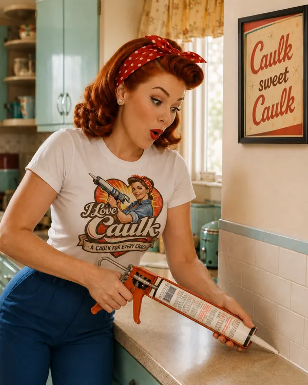 Rosie running a bead of caulk along a kitchen countertop