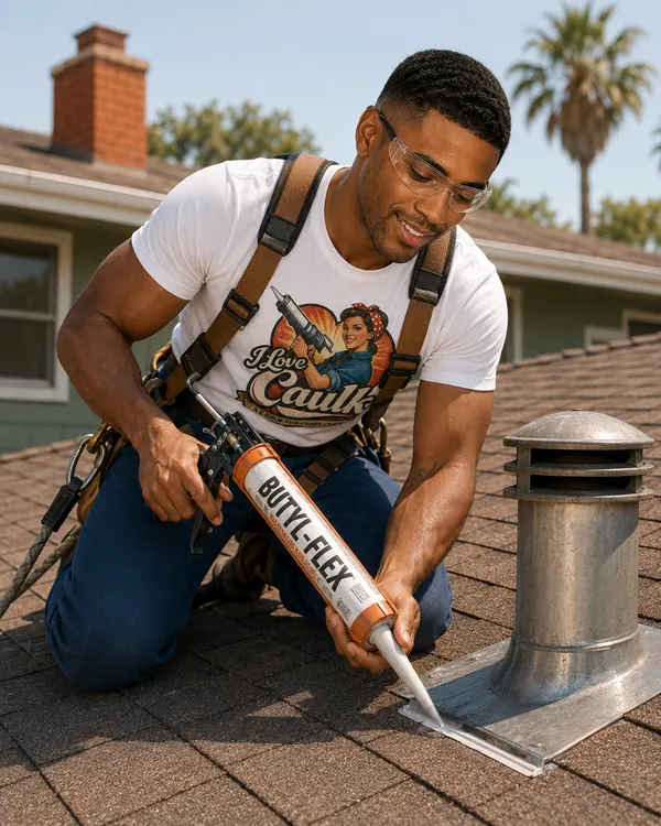 Troy in a safety harness sealing a roof vent flashing